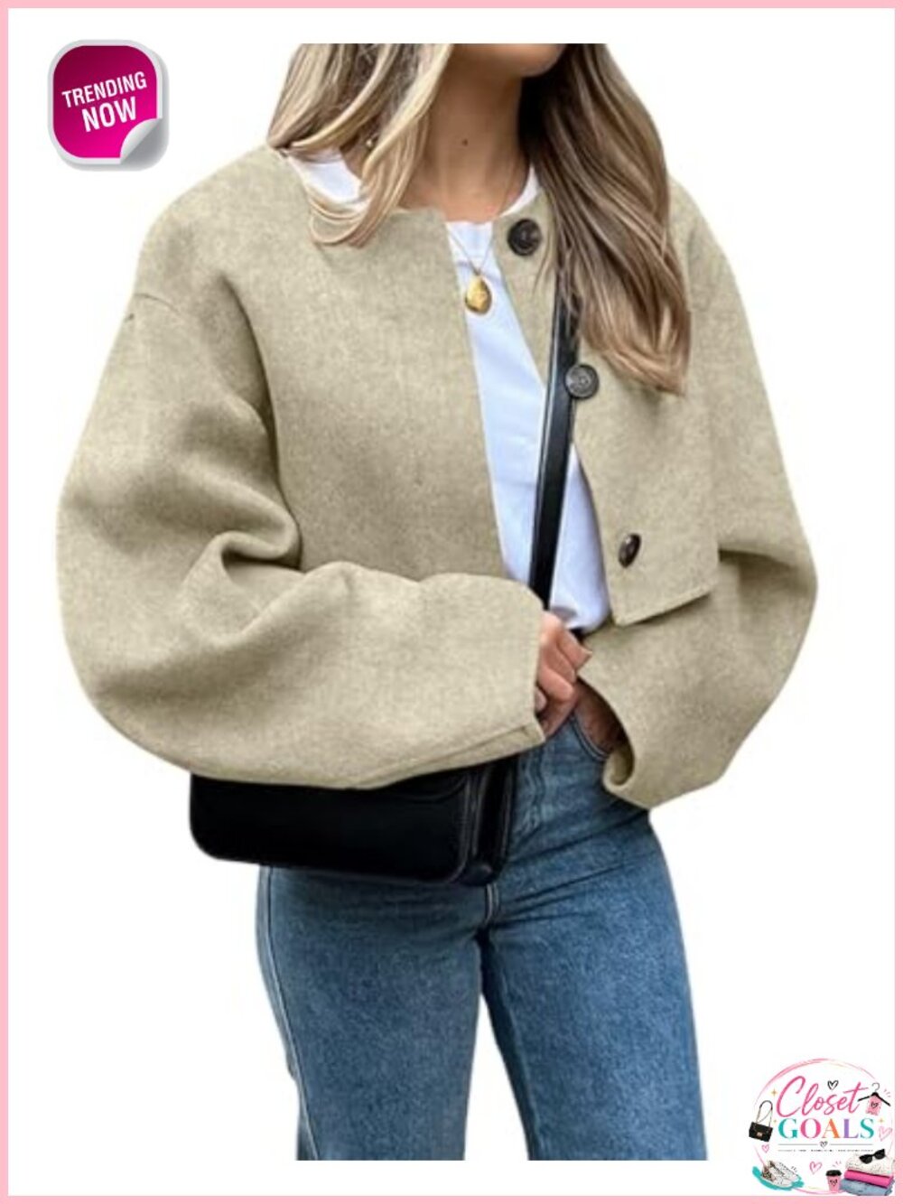 Cropped Wool Blend Pea Coat Button Down Collarless Peacoat Women